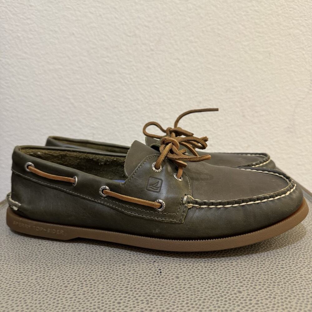 Sperry Top Sider Olive Green Leather Casual Boat Shoes Sz 12 M